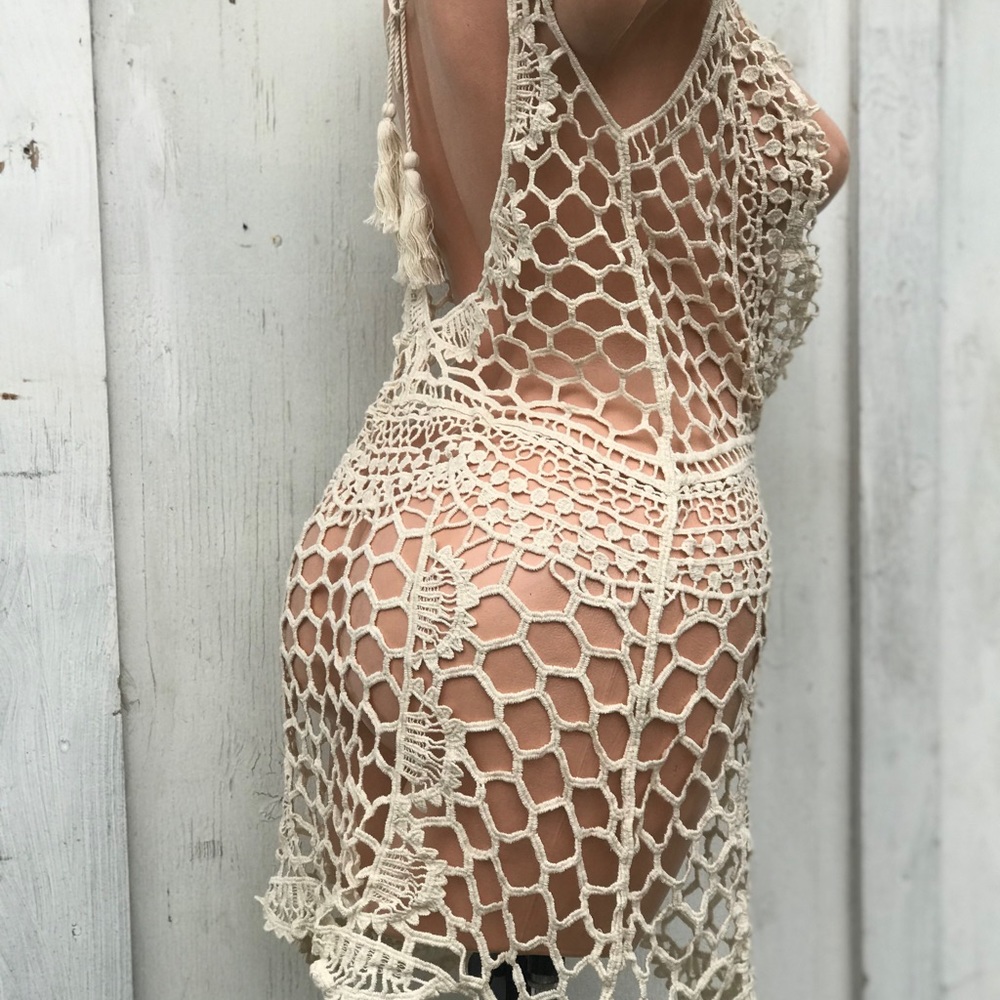 Crochet lace knit bikini cover up dress boho cotton knit beach gypsy glam doll - Picture 6 of 8